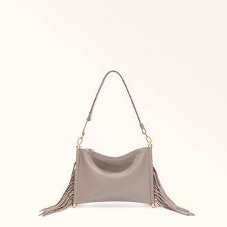 Furla Sfera Soft Shoulder Bag Toni Linen Nappa Leather + Suede Fringes Woman