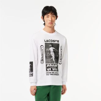 Lacoste Mens Regular Fit Lettering Long Sleeve T-Shirt in White/Black - Size Small