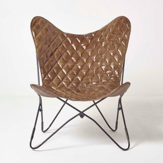 Homescapes Brown Leather Diamond Butterfly Chair
