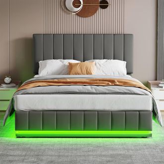 Merax Grey PU Leather Upholstered Ottoman Bed with LED & Tufted Headboard | Size: King