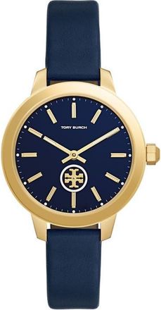 Tory Burch Collins Leather Strap Watch, 38mm in Navy/gold at Nordstrom