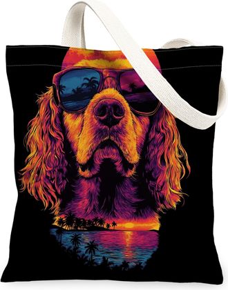 Generic Summer American Cocker Spaniel Dog Canvas Tote Bag for Shopping 13x15, Cool Beach Coastal Puppy Reusable Grocery Print Pattern Bag for Women, Retro Pe