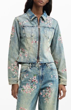 Desigual Embroidered Denim Trucker Jacket in Blue at Nordstrom, Size Medium