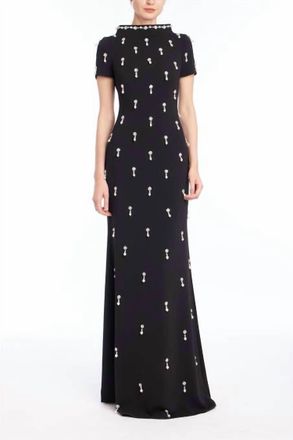 Badgley Mischka Cap Sleeve Beaded Gown In Black