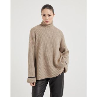 Brunello Cucinelli Womens Beige Ribbed Turtleneck Sweater, Size XL