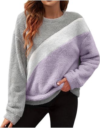 Generic Purple Womens Fuzzy Fleece Pullover Sweatshirt Colour Block Sherpa Warm Jacket Teddy Plush Long Sleeve Round Neck Soft Thermal Jumpers Autumn Winter F