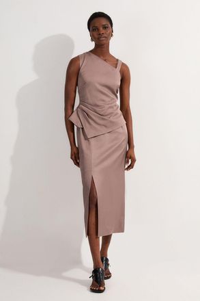 Karen Millen Womens Petite Premium Viscose Linen Asymmetric Neck Tailored Pencil Maxi Dress - Taupe - Size 10 UK