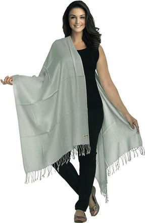 World of Shawls Luxurious Kashmiri 80% Wool 20% Silk Pashmina Shawl Wrap Scarf (Light Silver)