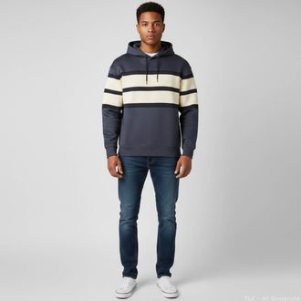 Emporio Armani Navy Blue Striped Double Jersey And Cotton Hoodie