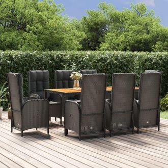 vidaXL Set De Comedor De Jard&iacute;n 9 Pzas Y Cojines Rat&aacute;n Sint&eacute;tico Negro Vidaxl