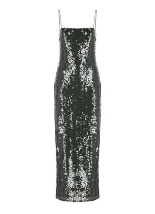 Rotate All-Over Sequin Olive Green Maxi Dress With Shoulder Pads
