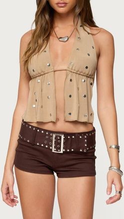 Edikted Studded Faux Suede Split Front Halter Top in Mocha at Nordstrom, Size X-Small