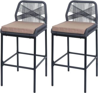Hhg Lote de 2 taburetes de bar de cuerda 988, asiento exterior de mimbre de cuerda metal, antracita, cojín topo