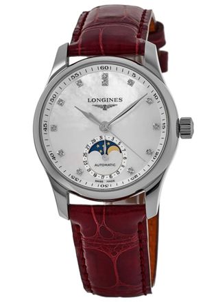 Longines Master Collection Automatic 34mm Mother of Pearl Diamond Dial Leather Strap Womens Watch L2.409.4.87.2