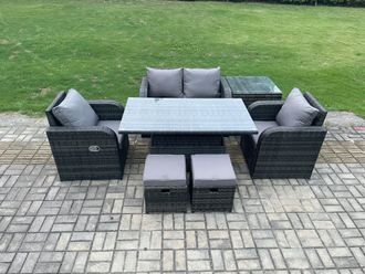 Fimous Outdoor Rattan Garden Furniture Set Height Adjustable Rising lifting Dining Table Love Sofa Chair With Side Table in Dark Grey