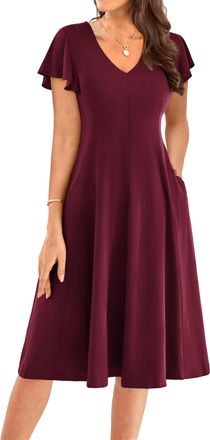 Grace Karin Womens Ruffled Short Sleeves Casual Dress with Pockets A-Line Midi Wedding Guest Dresses Elegant Dark red S