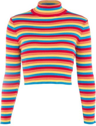 Generic Womens Autumn Long Sleeve Half Turtleneck Bodycon Crop Top Ribbed Knitted Rainbow Stripe Pullover Sweater