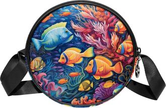 Generic Circle Crossbody Bag for Women, Colorful Tropical Fish Small Sling Bag Daypack with Zipper Adjustable Shoulder Straps Casual Ladies Girls Round Purse