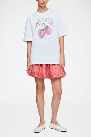Ganni White T-shirt with Raspberries - Size XS Organic Cotton