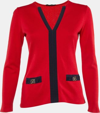 Carolina Herrera Red Ch Pattern Cotton V-Neck Top