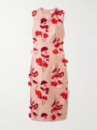 Erdem Abito Midi In Mikado Ricamato Con Fiori In Chiffon - Rosa