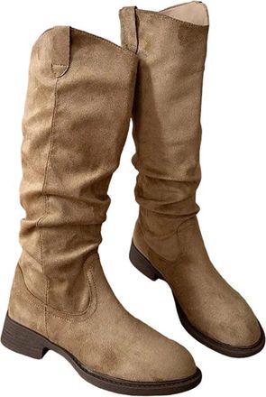 Generic Women Low Heel Western Cowboy Boots Soft Pleated Slip-On Long Booties
