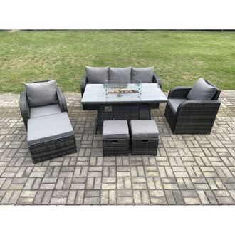 Fimous Fimous Wicker Rattan Garden Furniture Sofa Set Gas Fire Pit Dining Table Indoor Outdoor with Chair 3 Footstools