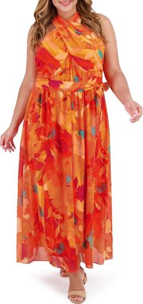 London Times Halter Neck Sleeveless Chiffon Maxi Dress in Orange/Red at Nordstrom Rack, Size 22W