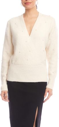Karen Kane Faux Pearl Embellished Wrap Sweater in Cream at Nordstrom, Size X-Small P