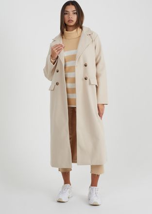 Brave Soul Womens Cream Annabell Double Breasted Faux Wool Longline Coat - Size 10 UK