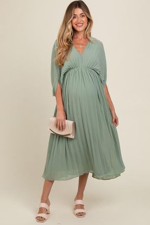Pinkblush Pleated V Neck Maxi Dress in Light Olive at Nordstrom, Size Medium