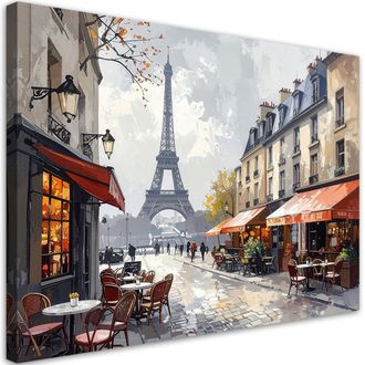Feeby Cuadro En Lienzo, Caf&eacute;s Franceses Con La Torre Eiffel De Fondo, 100x70