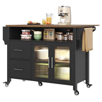 STILVORA Carro De Cocina Con 2 Cajones, 1 Puerta De Vidrio, Encimera Abatible, Led Y Toallero Lateral, Mdf, Negro