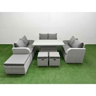 Fimous 9 Seater pe Wicker Rattan Furniture Sofa Sets with Adjustable Lifting Dining or Coffee Table 2 Seater Love Sofa 3 Stool Side Table Light Grey - Fimous