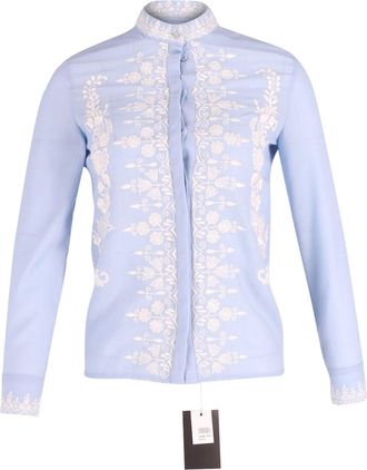 VILSHENKO Embroidered Mock Neck Shirt in Blue Cotton Wool