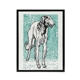 Artery8 Long Haired Greyhound Russian Wolfhound Dog Jung Framed Canvas Art in Blue | Size: W24 x H32