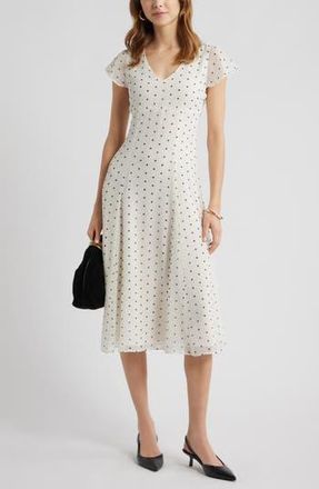 Open Edit Short Sleeve Godet Pleat Dress in Ivory- Black Corner Dot at Nordstrom Rack, Size Medium