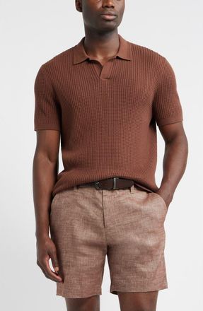 Nordstrom Textured Johnny Collar Cotton & Silk Polo Sweater in Brown Rock at Nordstrom, Size Xx-Large