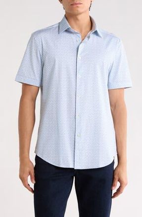 Bugatchi Abstract Print Stretch Cotton Short Sleeve Button-Up Shirt in Cobalt at Nordstrom Rack, Size Xxx-Large