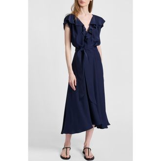 Santorelli Mandy Ruffled Faux Wrap Silk Midi Dress in Midnight at Nordstrom, Size 12