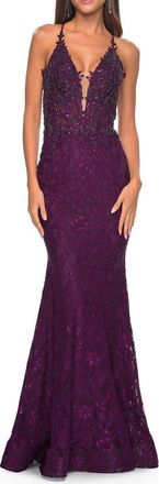 La Femme Exquisite Mermaid Lace Gown with Beaded Sheer Bodice in Dark Berry at Nordstrom, Size 00
