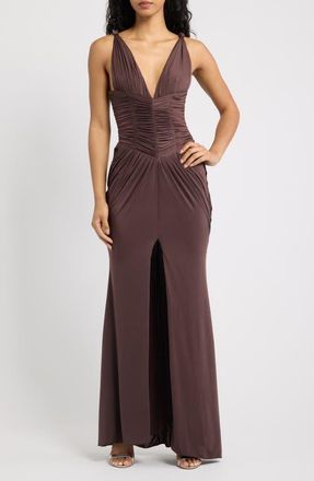 House of CB Tabitha Plunge Neck Liquid Soft Jersey Gown in Black Cherry at Nordstrom, Size X-Small
