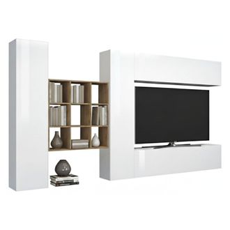 Dmora Pared Equipada Dfallic, Conjunto De Sal&oacute;n Mueble Tv Con 4 Puertas, Mueble De Sal&oacute;n Polivalente, 100% Made In Italy, Cm 350x30h180, Blanco Brillante - 