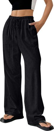 Generic Womens Summer Cotton Linen Wide Leg Straight Leg Pants Solid Color Drawstring Elastic Waist Ladies Lounge Pants with Pockets Casual Holiday Cropped Li