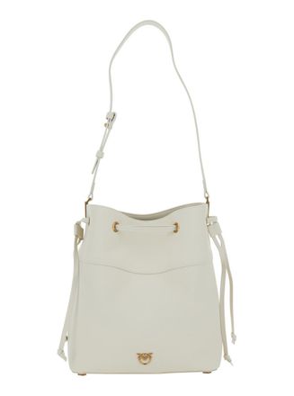 Pinko White Bucket Bag With Metallic Love Birds Logo On The Front In Hammered Leather Woman