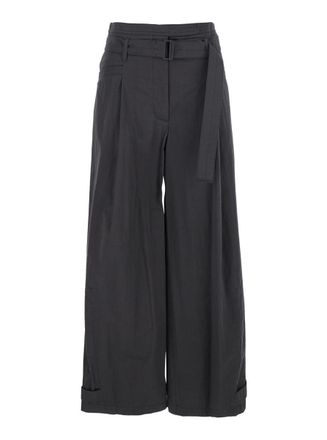 Low Classic Grey Pants With Double Belt And Pleated Details In Cotton Blend Woman