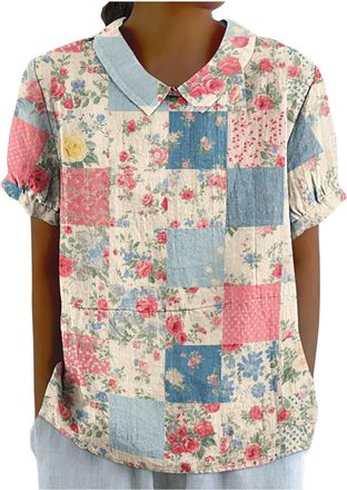 Generic Womens Linen Tops Peter Pan Collar Blouses, Summer Short Sleeve Tee Shirt, Plus Size Dressy Tops, Casual Loose Fit Tees Top, Ladies Linen Outfits 3X 4