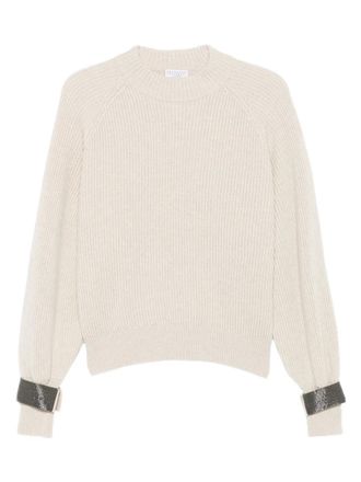 Brunello Cucinelli ribbed embellished-cuff sweater - women - Silk/Eco Brass/Acetate/Cashmere - M - Neutrals