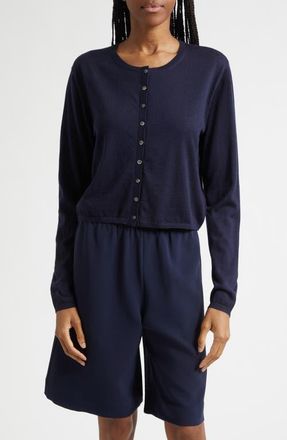 Leset James Merino Wool Crewneck Cardigan in Midnight at Nordstrom, Size X-Small