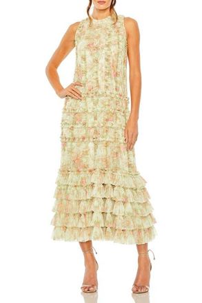 Mac Duggal Floral Tiered Ruffle Sleeveless Midi Dress in Sage Multi at Nordstrom, Size X-Large